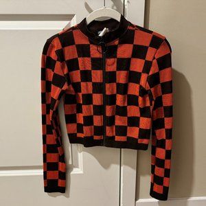 Zara Black and Orange Checker Zip Up Sweatshirt Sweater